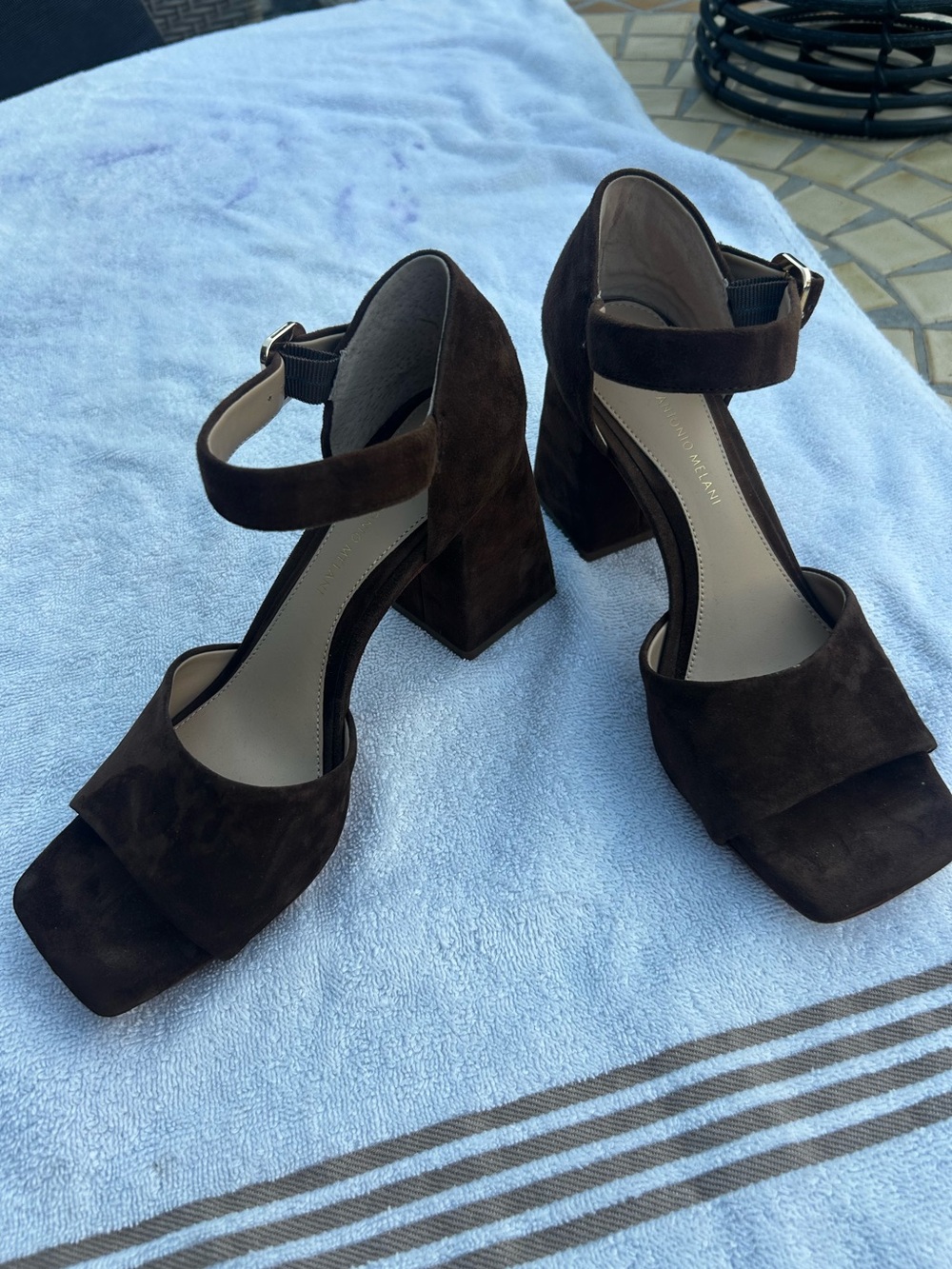 ANTONIO MELANI Dark Brown Suede Block Heel Sandals